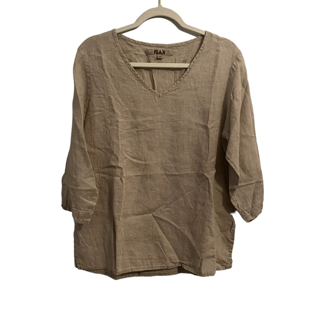 Flax V Neck Linen Taupe Tan Pullover Top M